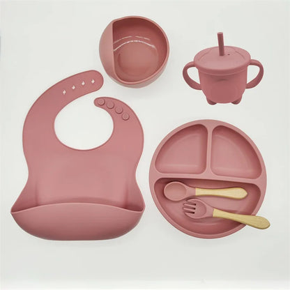 Children'S Dishes Set Baby Silicone 6/8-Piece Tableware Set Suction Cups Forks Spoons Bibs Straws Cups Mother and Baby Supplies
